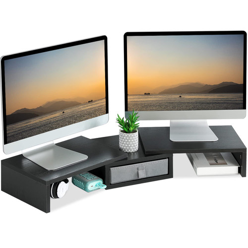 TEAMIX Dual Monitor Stand Riser with Drawer - Length and Angle Adjustable Double Monitor Riser Corner Desk Shelf Organizer 37 inch Long Monitor Riser for 2 Monitors/Laptop/PC/Screen/TV