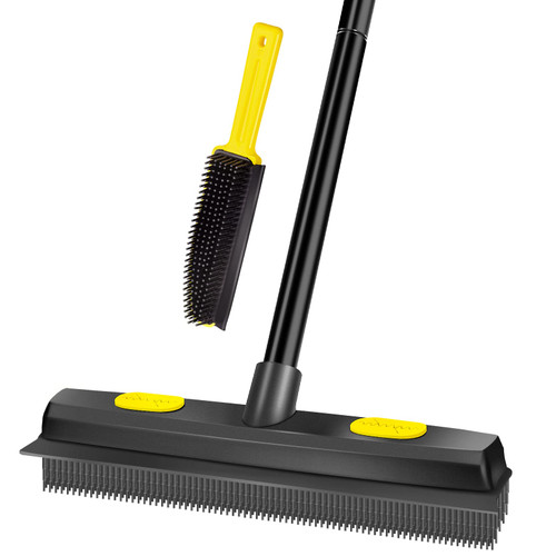 Bonpally Pet Hair Removal Broom Rubber Broom, Carpet Rake Fur Remover Broom with Squeegee and Telescoping Handle, Portable Lint Remover, Dog and Cat Hair Remover for Carpets, Couch, Yellow/Black