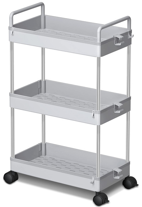 Ronlap 3 Tier Classic Storage Rolling Cart, Slim Storage Cart with Wheels Slide Out Storage Rolling Cart Organizer Plastic Utility Carts for Bathroom Laundry Room Kitchen Office Narrow Place, Grey