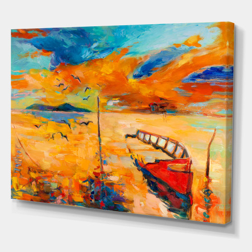 DesignQ Boat During Evening Glow At The Lake VIII Nautical & Coastal Canvas Wall Art Orange 32x24
