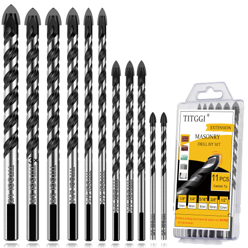 Masonry Drill Bit Set & Carbide Drill Bits, Extension Professional Drill Bit Set (11PCS) for Glass/Brick/Plastic/Cement/Wood/Tile/Etc, Industrial Strength Carbide Drill Bit Tip, 1/8"-1/2" by TITGGI