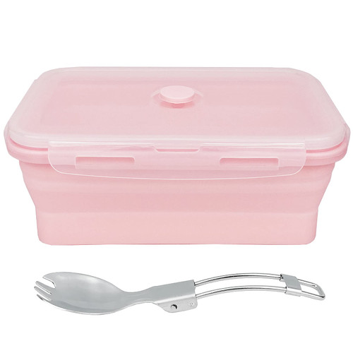CARTINTS Large Collapsible Camping Food Containers, 1200ml Silicone Lunch Container, Microwave Safe Reusable Meal Prep Container For Indoor&Outdoor Kitchen With Foldable Spoon, Pink