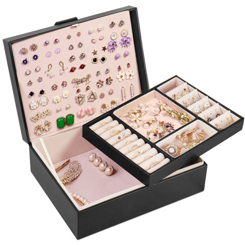 Jewelry Box Organizer for Women, Earring Organizer Multi-layer Jewelry Storage Boxes Ideal Gift PU Leather Earrings Jewelry Box Jewelry Display Case for Earrings Rings Necklaces Bracelets, Black