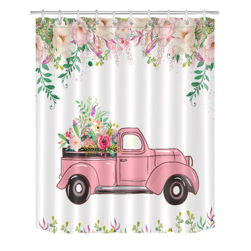 LB Farmhouse Shower Curtain Vintage Pink Truck with Flowers Bathroom Curtain with Hooks 58x70 inch Waterproof Polyester Fabric Bathroom Decor