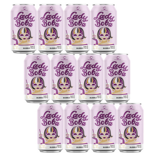 (Pack of 12) Lady Boba 12 Cans. Milk Bubble Tea with Boba Pearls in a Can (10.7oz/can) with Thank You Card. Choose One from Variety of Flavors: Assorted, Classic, Brown Sugar, Taro, Matcha Latte. Ready To Drink Beverage. (Taro)