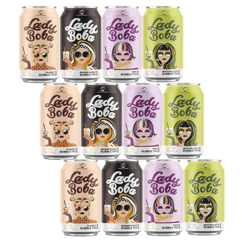 (Pack of 12) Lady Boba 12 Cans. Milk Bubble Tea with Boba Pearls in a Can (10.7oz/can) with Thank You Card. Choose One from Variety of Flavors: Assorted, Classic, Brown Sugar, Taro, Matcha Latte. Ready To Drink Beverage. (Assorted) (Pack of 12) Lady Boba 12 Cans. Milk Bubble Tea with Boba Pearls in a Can (10.7oz/can) with Thank You Card. Choose One from Variety of Flavors: Assorted, Classic, Brown Sugar, Taro, Matcha Latte. Ready To Drink Beverage. (Assorted)
