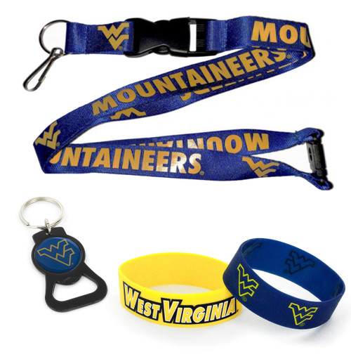 aminco NCAA West Virginia Mountaineers Team Lanyard, Black Bottle Opener Keyring and Rubber Wristbands Gift Bundle