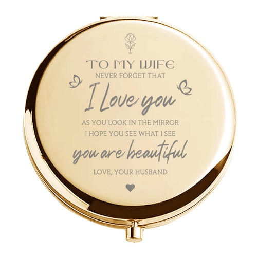 HTOTNGIFT Mothers Day Romantic Gifts for Wife Her, Funny for Her Women, I Love You Wife Gifts from Husband Gold Compact Mirror Gift Ideas for Wedding, Birthday, Anniversary
