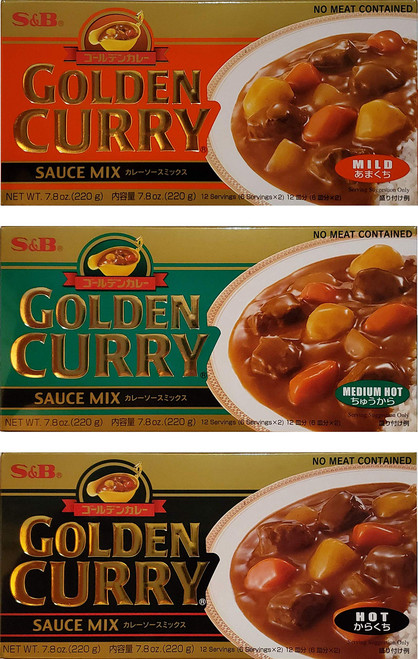 S&B Golden Curry Sauce Mix, Mild,Medium Hot and Hot 7.8-Ounce (Pack of 3) S&B Golden Curry Sauce Mix, Mild,Medium Hot and Hot 7.8-Ounce (Pack of 3)