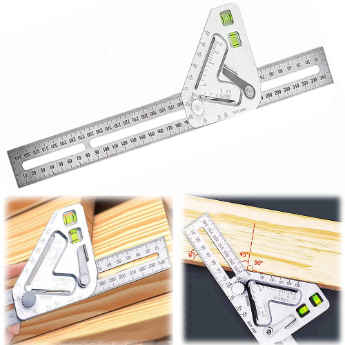 Protractor Angle Finder, Woodworkers Edge Ruler, T Square, T Ruler, Metric and Imperial Metal Woodworking Ruler with Horizontal Levels, Multi-Function Angle Measure Tool Metal Ruler