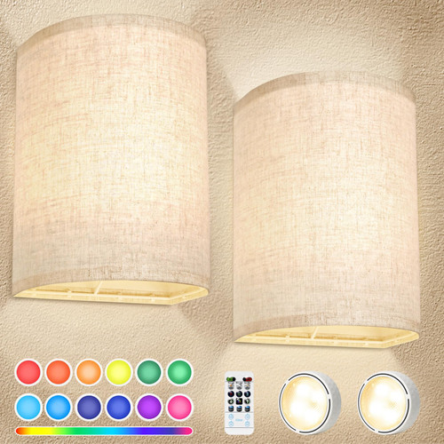 FINCMY Battery Operated Wall Sconces Set of Two, 18 RGB Colors Stick on Wall Lights with Remote, Changeable Dimmable Height Fabric Battery Powered Wall Lights for Bedroom Living Room Hallway