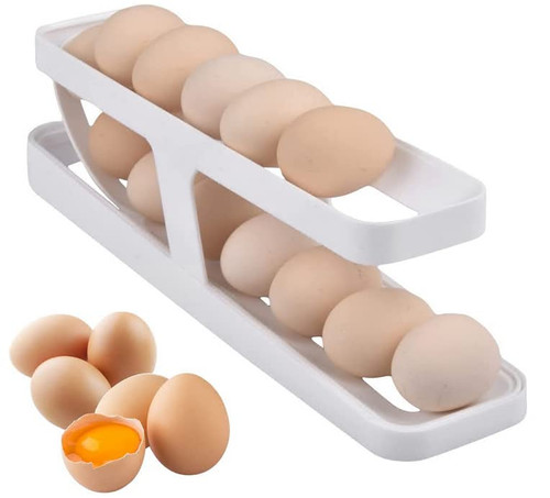 2023 New Egg Holder For Refrigerator, Automatically Rolling Egg Storage Container, 2 Tier Plastic Egg Holder Space Saving Egg Tray For Refrigerator or Fridge Organizer