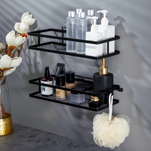 Shower Caddy,Bathroom Organizer,Shower Organizer (2 Pack),Adhesive Shower Organizer No Drilling,Self Adhesive Bathroom Shelves Basket,Corner Shower Shelf with 6 Hooks,bathroom storage