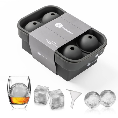 Paspring 2 Pack Ice Cube Trays, Easy Release Silicone Whiskey Ice Ball Mold, Round Ice Cube Mold, Square Large Ice Cube Tray for Cocktail, Whiskey, Grey