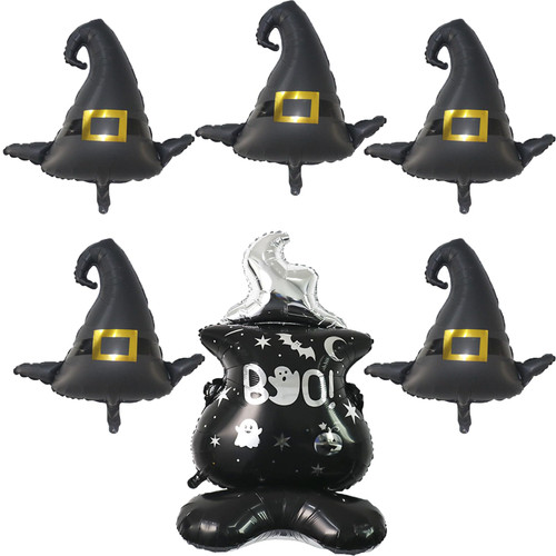 Halloween Party Balloons Kit, 6PCS Halloween Witch Hat Foil Balloons Jumbo Standing Halloween Cauldron Balloons for Kids Halloween Props Halloween Birthday Party Decorations Supplies
