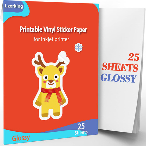 Printable Vinyl Sticker Paper for Inkjet Printer - 25 Sheets Glossy White Self-Adhesive Waterproof Decal Sticker Paper - 8.5x11 Inches Dries Quickly Vivid Colors DIY Crafts