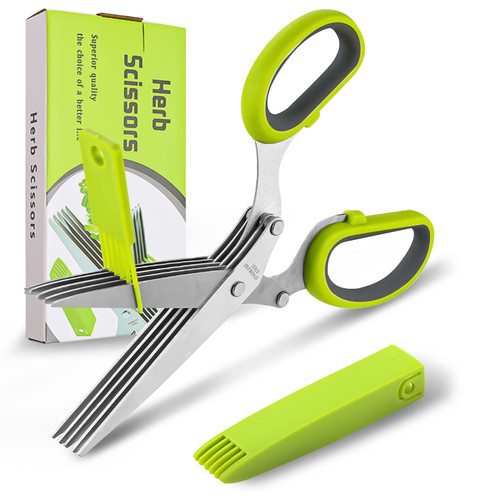 2023 Updated Herb Scissors with 5 Blades and Cover, Multi Blade Herb Shears with Cleaning Comb for Chopping Vegetable, Chive, Salad, Multipurpose Cutter Set for Kitchen - Green Grey