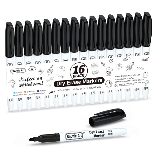 Shuttle Art Dry Erase Markers, 16 Pack Black Whiteboard Markers,Fine Tip Dry Erase Markers for Kids,Perfect for Writing on Whiteboards, Dry-Erase Boards,Mirrors,Calender,School Office Supplies