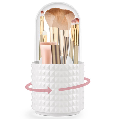 SUMMAXI Makeup Brush Holder with Lid 360 Degree Rotating Makeup Storage Organizer Dustproof Cosmetics Organizer for Vanity and Bathroom Countertop