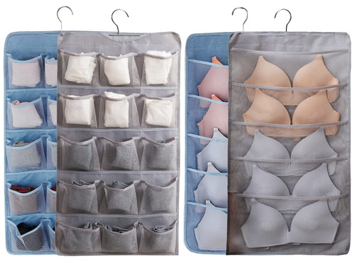 AARAINBOW 2 Packs Hanging Bra and Panty Organizer with Mesh Pockets Hanging Sock Organizer Dual Sided Closet Hanging Storage Bag for Underwear, Lingerie, Socks (20+20 Pockets, Gray Blue)