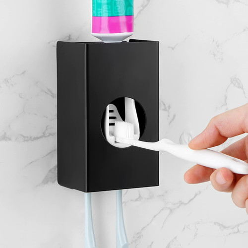 Adorila Toothbrush Holder Toothpaste Dispenser, Wall Mounted Toothbrush Storage Organizer for Bathroom, Automatic Toothpaste Squeezer (Black)