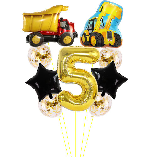 Kawailay Construction 5th Birthday Party Balloons Dump Truck Birthday Balloons Jumbo Excavator Foil Balloons 32 Inch Gold Number 5 Helium Balloon for Birthday Party