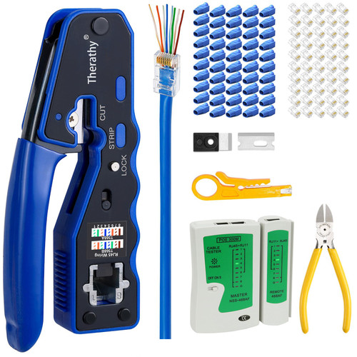 Therathy Pass Through RJ45 Crimp Tool Kit, Ethernet Crimper Kit Cat5e Cat5 CAT6 Crimping Tool Kit