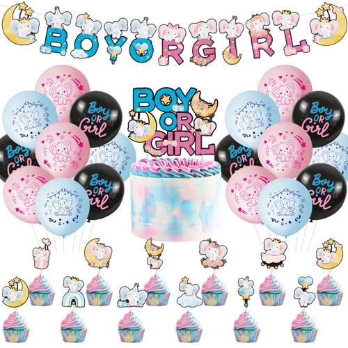 Baby Elephant Gender Reveal Party Supplies, Blue and Pink Baby Shower Decor Including Boy or Girl Elephant Banner Cake Topper Cupcake Toppers Balloons for Elephant Theme Boy or Girl Baby Shower