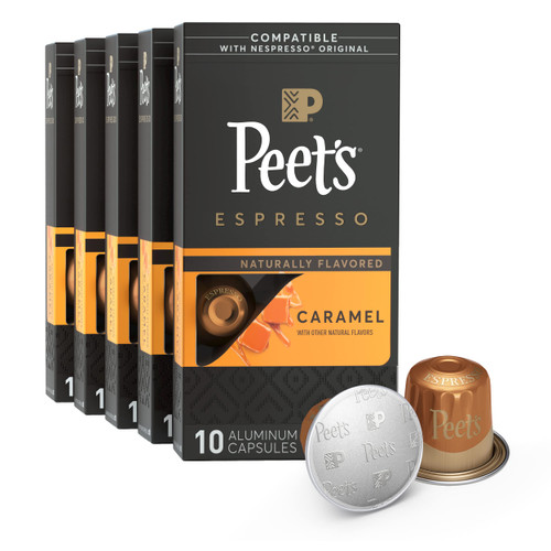 Peet's Coffee, Dark Roast Espresso Capsules Compatible with Nespresso Original Machine, Caramel 50 Count (5 Boxes of 10 Espresso Pods) Peet's Coffee, Dark Roast Espresso Capsules Compatible with Nespresso Original Machine, Caramel 50 Count (5 Boxes of 10 Espresso Pods)
