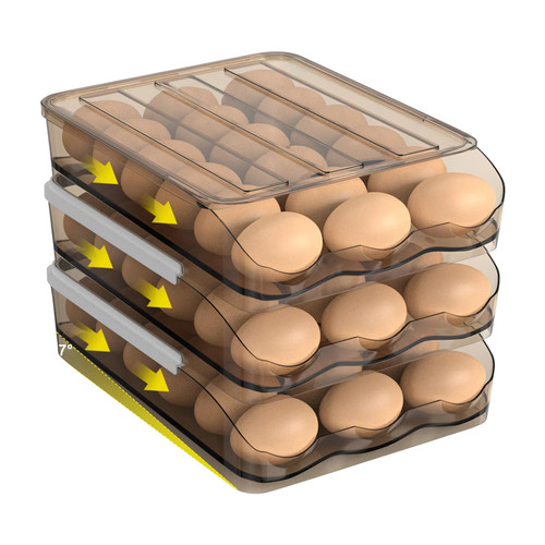 VEENE Rolling Egg Container for Refrigerator with Lid,Pack of 3 Stackable Plastic Egg Holder for Refrigerator, Clear Egg Tray for Refrigerator or Fridge Organizer
