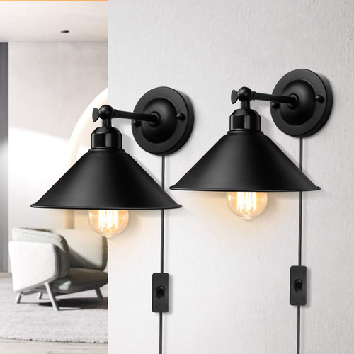 AEOREAL Plug in Wall Sconce, Black, Antique Swing Arm Vintage Industrial Light Fixture, Wall lamp with Plug in Cord On Off Switch E26 Base for Bedroom Bathroom Kitchen 2 Pack