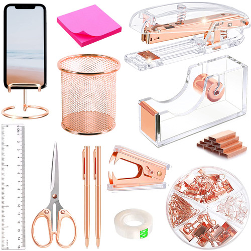 Rose Gold Desk Accessories, Acrylic Stapler, Staple Remover, Tape Holder, Pen Holder, Ballpoint Pen, Scissor, Binder Clips, Staples, Phone Holder, Ruler, Transparent Glue and Sticky Notes