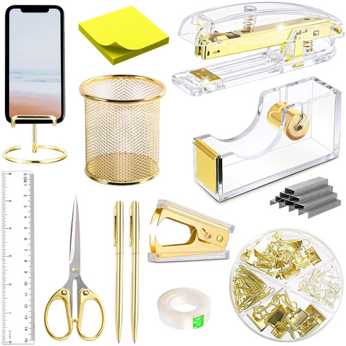 Gold Desk Accessories, Acrylic Stapler, Staple Remover, Tape Holder, Pen Holder, Ballpoint Pen, Scissor, Binder Clips, Staples, Phone Holder, Ruler, Transparent Glue and Sticky Notes