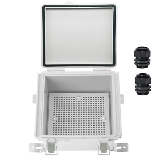 Zulkit Junction Box,IP67 Waterproof Electrical Box Hinged Cover Stainless Steel Latch Plastic Enclosure for Project with Mounting Plate Wall Bracket and 2 Cable Gland Grey 5.9"x5.9"x3.5"(150x150x90mm)