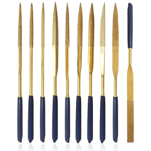Mesee 10 Pcs Titanium Coated Diamond Needle File Set, 3x140mm Mini Metal Files Tools, Soft Rubber Handles Variety Shapes Files Best for Jewelry Making, Metal Glass Ceramic Filing