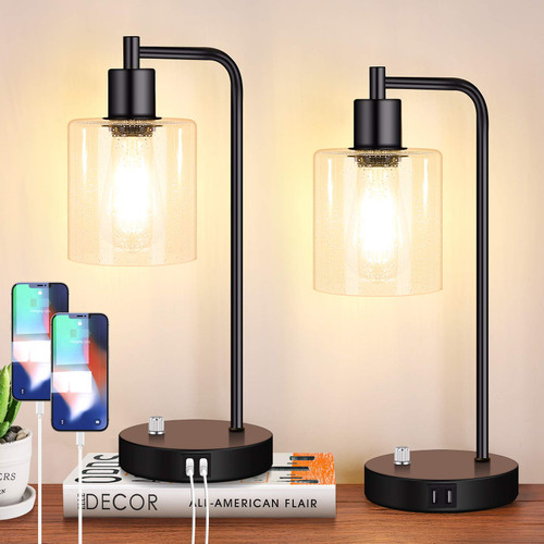 Set of 2 Fully Stepless Dimmable Industrial Table Lamps with 2 USB Ports & AC Outlet, Bedside Nightstand Desk Lamps with Glass Shades for Bedroom Living Room Office, 2 7W 2700K LED Bulbs Included