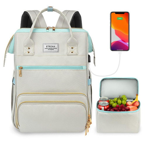 ETRONIK Lunch Backpack for Women, 15.6 Inch Laptop Backpack with USB Port, Stylish Nurse Backpack Teacher Work Bag with Insulated Cooler Lunch Box for Women Men/Travel, Grey Blue ETRONIK Lunch Backpack for Women, 15.6 Inch Laptop Backpack with USB Port, Stylish Nurse Backpack Teacher Work Bag with Insulated Cooler Lunch Box for Women Men/Travel, Grey Blue