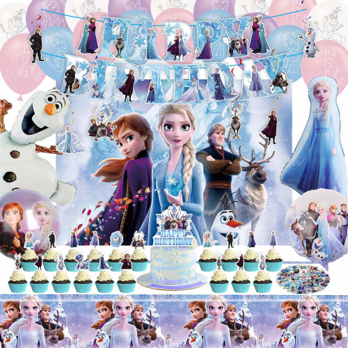 Frozen Birthday Party Supplies, Frozen Birthday Party Decorations Include Banner, Balloons, Frozen Backdrop, Tablecloth, Hanging Swirls, Frozen Stickers, Cake Topper, Cupcake Toppers for Frozen Party Decorations