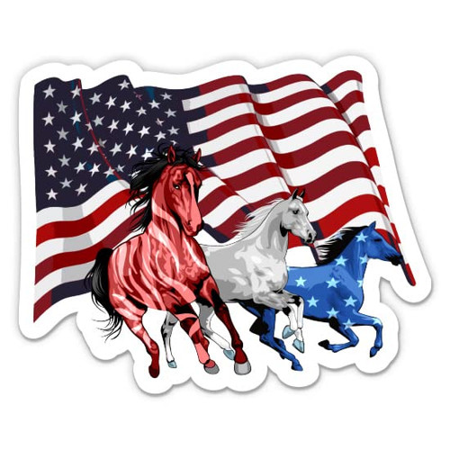Horses Patriotic American Flag Sticker - 5" Laptop Sticker - Waterproof Vinyl for Car, Phone, Water Bottle - Mustangs Running Decal