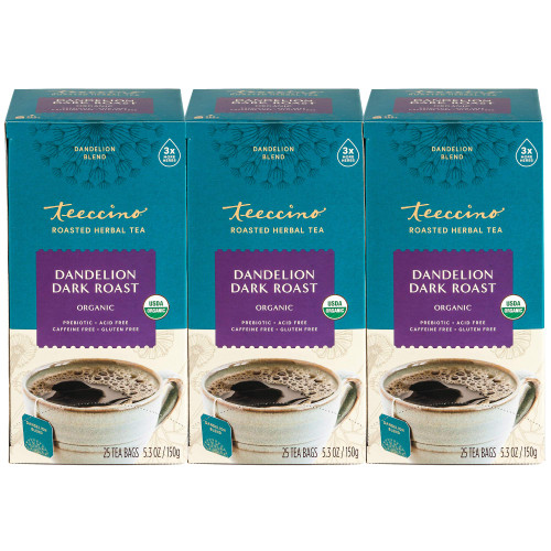 Teeccino Dandelion Dark Roast Tea - Caffeine Free, Organic, Roasted Herbal Tea with Prebiotics, 3x More Herbs than Regular Tea Bags - Gluten-Free, Acid-Free Coffee Alternative - 25 Tea Bags (Pack of 3)