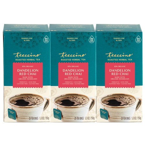 Teeccino Dandelion Red Chai Tea - Caffeine-Free, Roasted Herbal Tea with Prebiotics, 3x More Herbs than Regular Tea Bags, Gluten Free - 25 Tea Bags (Pack of 3)