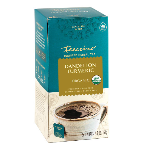 Teeccino Dandelion Turmeric Tea - Caffeine-Free, Organic, Roasted Herbal Tea with Prebiotics, 3x More Herbs than Regular Tea Bags, Gluten Free - 25 Tea Bags