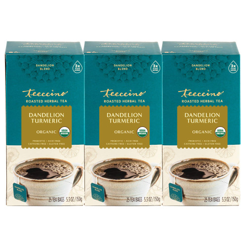 Teeccino Dandelion Turmeric Tea - Caffeine-Free, Organic, Roasted Herbal Tea with Prebiotics, 3x More Herbs than Regular Tea Bags, Gluten Free - 25 Tea Bags (Pack of 3)