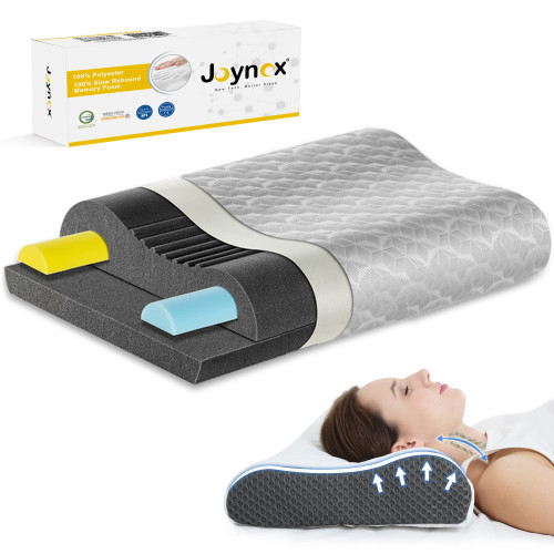 Joynox Memory Foam Pillow, Adjustable Contour Pillow for Neck Pain, Orthopedic Support Cervical Pillow for Sleeping, Ergonomic Bed Pillow for Back, Side, Stomach Sleepers, Grey