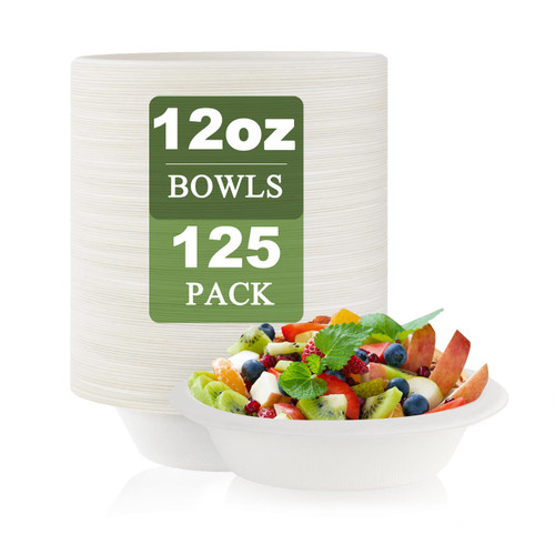 Disposable Paper Bowls Bulk 12 oz-125 Pack Compostable Paper Bowls, Heavy-Duty Biodegradable Paper Bowls Made of Natural Sugarcane Fibers- Eco-Friendly Bowls for Salad, Soup, Dessert, Cereals, Snacks