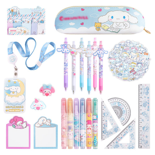 Kawaii Anime School Supplies Set, Includes Pencil Case, Gel pens, Highlighters, Rulers, Stickers, Sticky Notes, ID Card Holder with Adjustable Retractable Lanyard, Cute Stuff for Student Girl Gift.