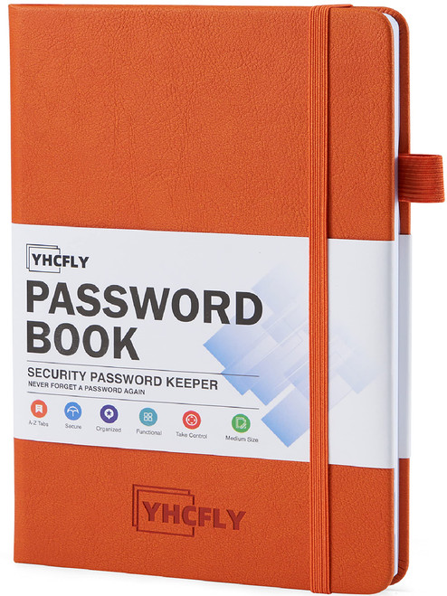 YHCFLY Password Book with Alphabetical tabs, Hardcover Internet Address & Password Organizer Logbook, Medium Size Password Keeper Notebook Journal for Home Office (Orange)