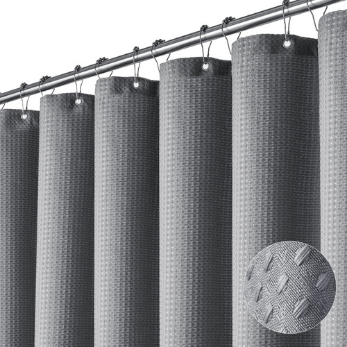 Dynamene Stall Fabric Shower Curtain - 54x78 inch Long Waffle Weave Weighted Thick Cloth Shower Curtains for Bathroom,Neutral Heavy Duty Hotel Spa Luxury Bath Curtain Set with 10 Hooks, Grey/Gray