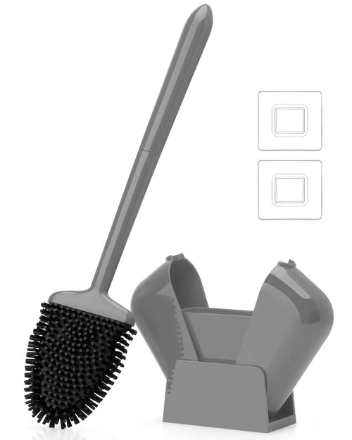 Wiavz Toilet Brush and Holder Set,Silicone Toilet Bowl Brush with Automatically Open/Close Holder,Toilet Cleaner Brush Flexible Silicone Bristle(Grey)