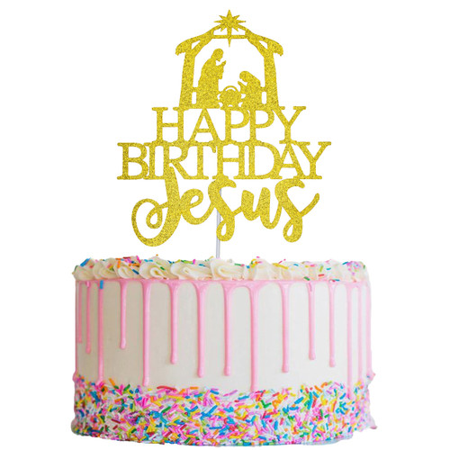 Happy Birthday Jesus Cake Topper, Gold Glitter Jesus Birthday Cake Decorations, Jesus is Reason for the Season for Nativity Scene Christmas Birthday Party Decorations, Christmas Religious Decorations